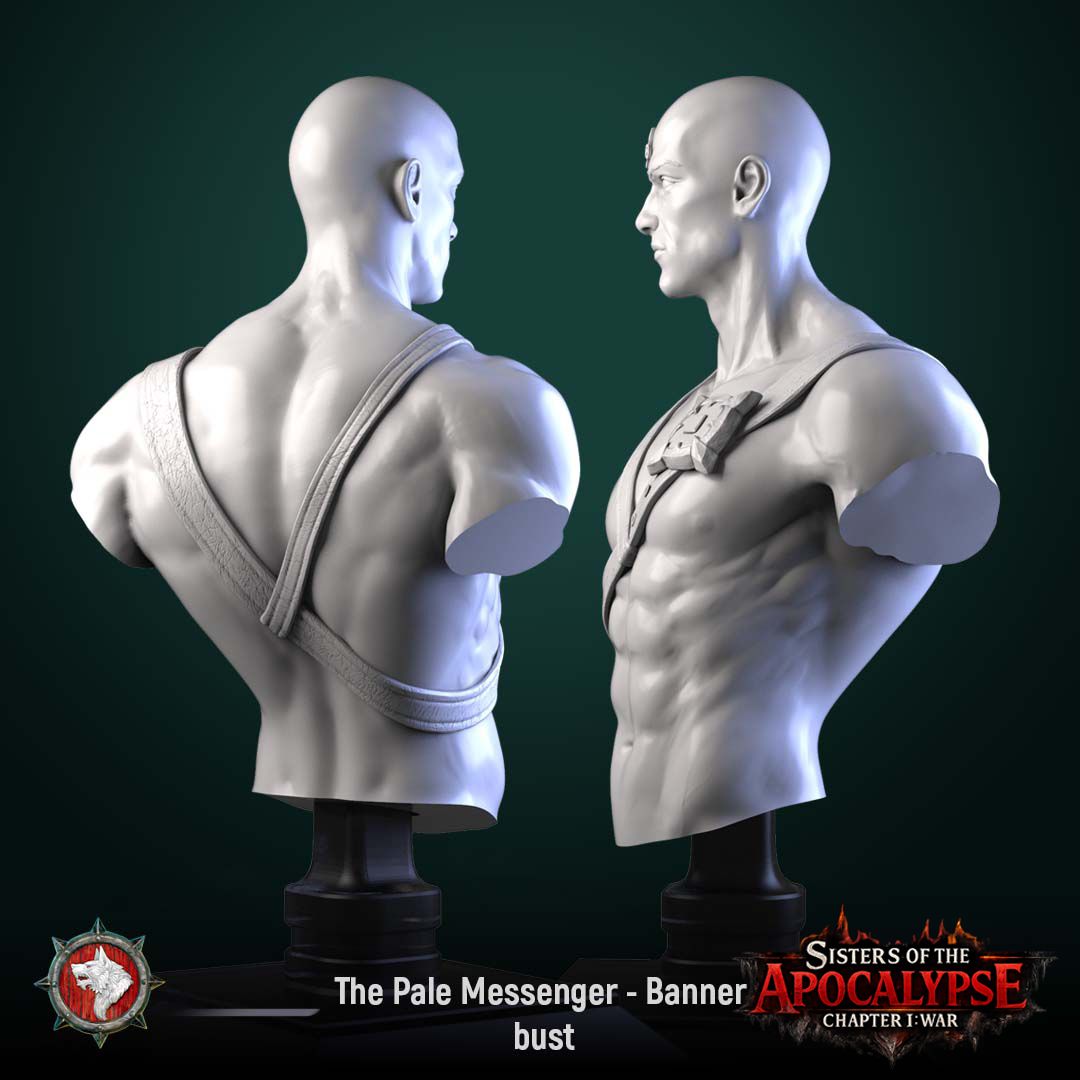 Render of The Pale Messenger Bust, Bare Head | Dark Fantasy Display Bust: A bare-headed display bust of the Pale Messenger from White Werewolf's Sisters of the Apocalypse. Dark-fantasy 3D printed resin display bust.