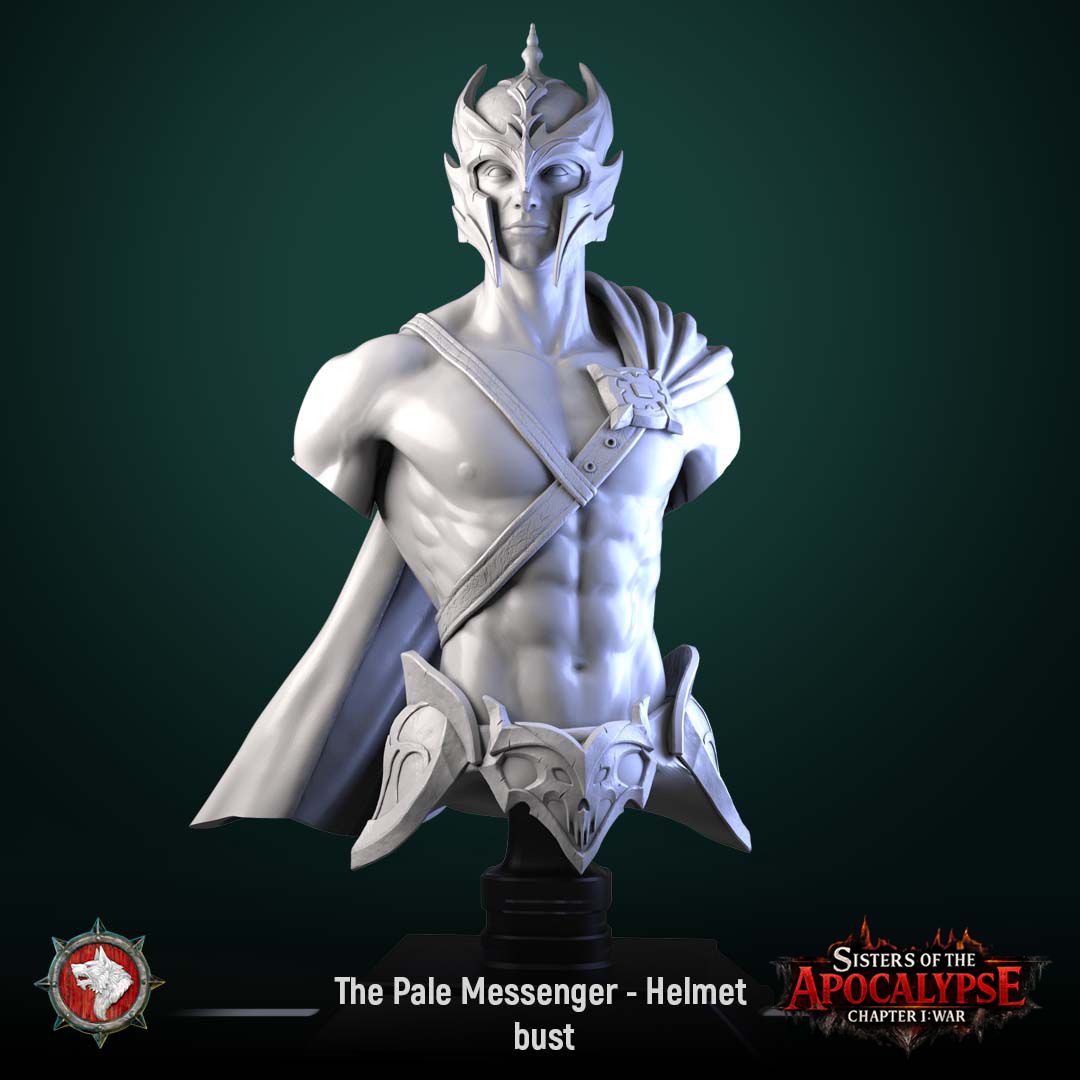 Render of The Pale Messenger Bust | Dark Fantasy Herald Display Bust: A display bust of the Pale Messenger from White Werewolf's Sisters of the Apocalypse, a horned-helm herald. Dark-fantasy 3D printed resin display bust.