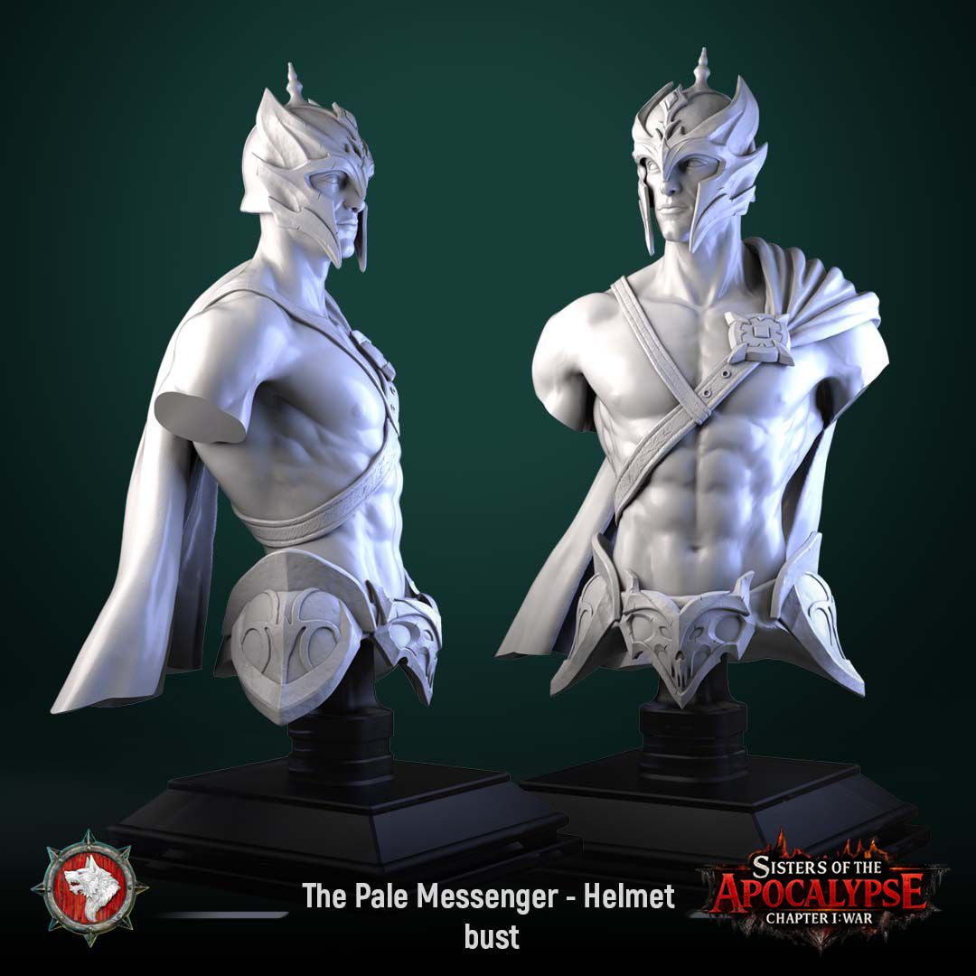 Render of The Pale Messenger Bust | Dark Fantasy Herald Display Bust: A display bust of the Pale Messenger from White Werewolf's Sisters of the Apocalypse, a horned-helm herald. Dark-fantasy 3D printed resin display bust.