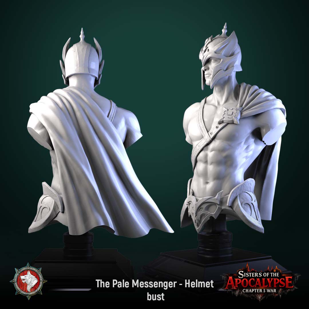Render of The Pale Messenger Bust | Dark Fantasy Herald Display Bust: A display bust of the Pale Messenger from White Werewolf's Sisters of the Apocalypse, a horned-helm herald. Dark-fantasy 3D printed resin display bust.