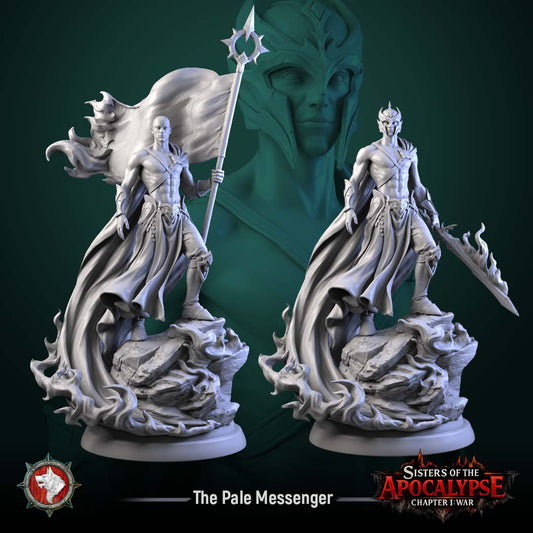Render of The Pale Messenger | 32-75mm Dark Fantasy Herald Miniature: The Pale Messenger of White Werewolf's Sisters of the Apocalypse, a pale herald in sword or banner builds. 32-75mm 3D printed resin display miniature.