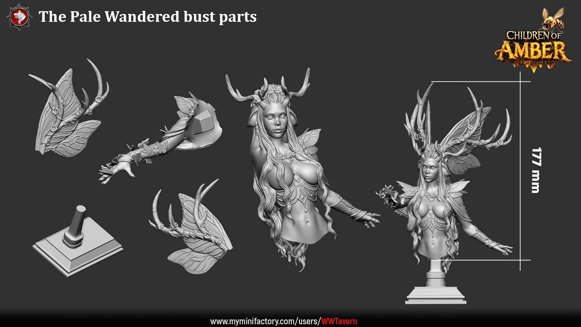 Render of The Pale Wanderer Bust | Fantasy Forest Fey Display Bust: A display bust of the ethereal antlered forest fey from White Werewolf's Children of Amber, with flowing hair. Dark-fantasy 3D printed resin bust.