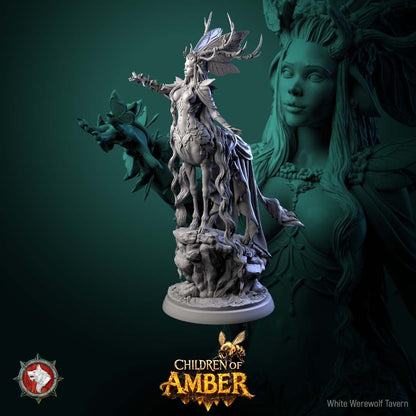 Render of The Pale Wanderer | 32-75mm Fantasy Deer Centaur Fey Miniature: Ethereal female deer-centaur forest spirit with antlers and a butterfly headdress, from White Werewolf's Children of Amber. 32-75mm 3D printed resin.