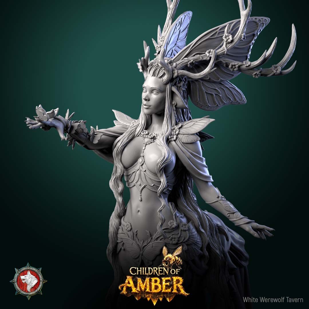 Render of The Pale Wanderer | 32-75mm Fantasy Deer Centaur Fey Miniature: Ethereal female deer-centaur forest spirit with antlers and a butterfly headdress, from White Werewolf's Children of Amber. 32-75mm 3D printed resin.