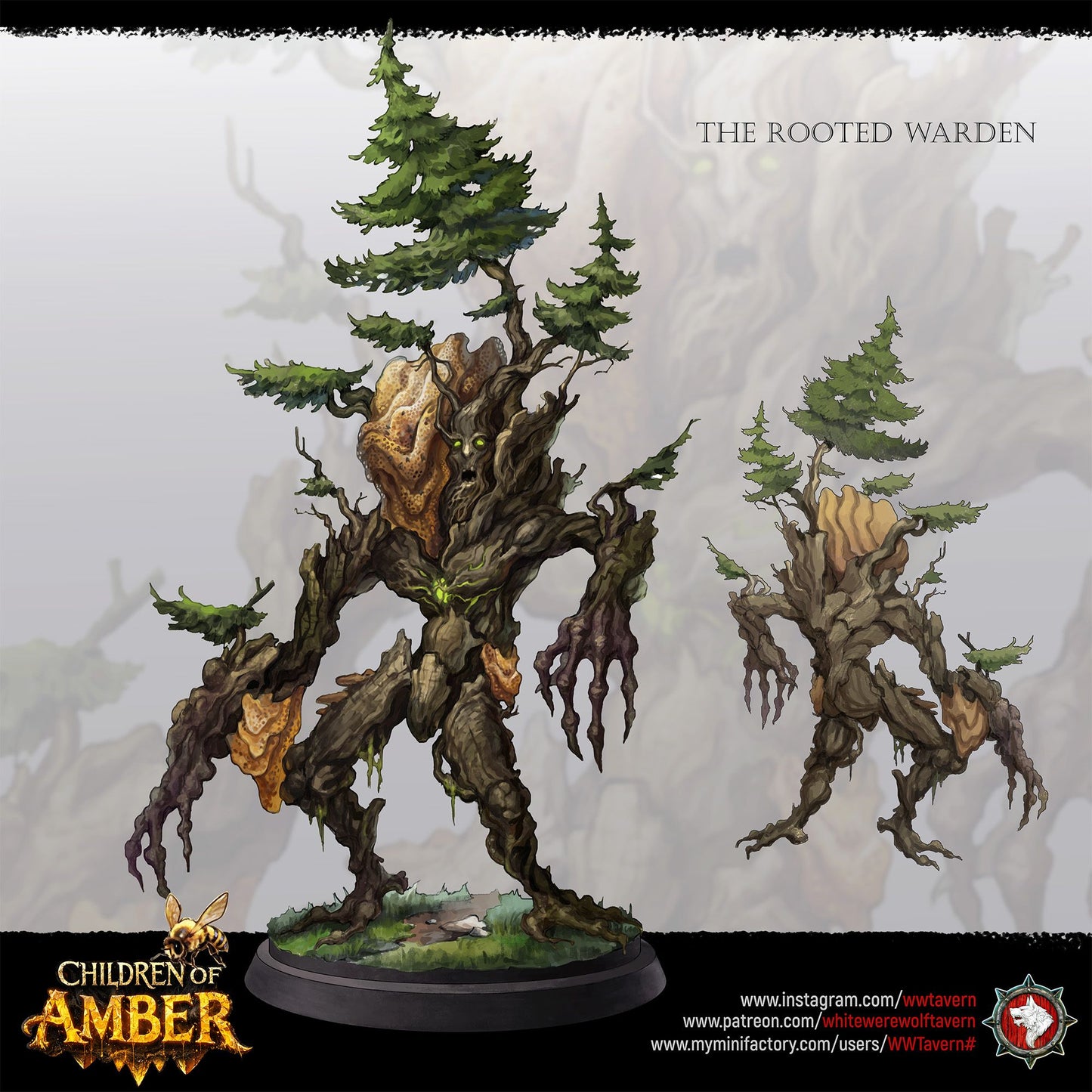 Render of The Rooted Warden | 32mm Treant Forest Guardian Miniature: Huge treant forest guardian with pine trees on its shoulders and a hanging beehive, from White Werewolf's Children of Amber. 32mm 3D printed resin monster.