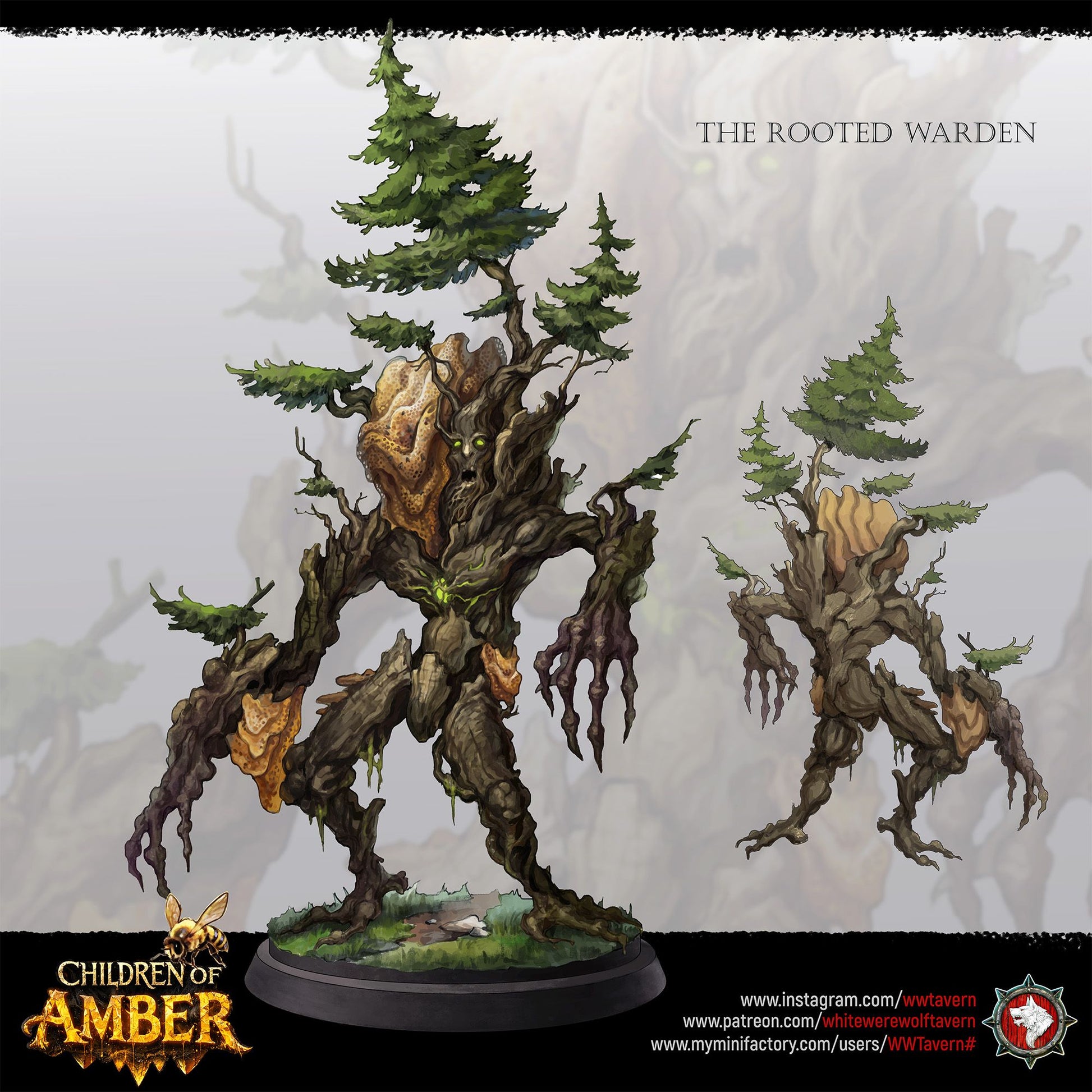 Render of The Rooted Warden | 32mm Treant Forest Guardian Miniature: Huge treant forest guardian with pine trees on its shoulders and a hanging beehive, from White Werewolf's Children of Amber. 32mm 3D printed resin monster.