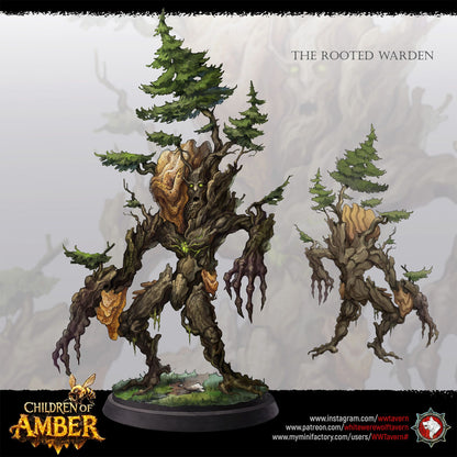 Render of The Rooted Warden | 32mm Treant Forest Guardian Miniature: Huge treant forest guardian with pine trees on its shoulders and a hanging beehive, from White Werewolf's Children of Amber. 32mm 3D printed resin monster.