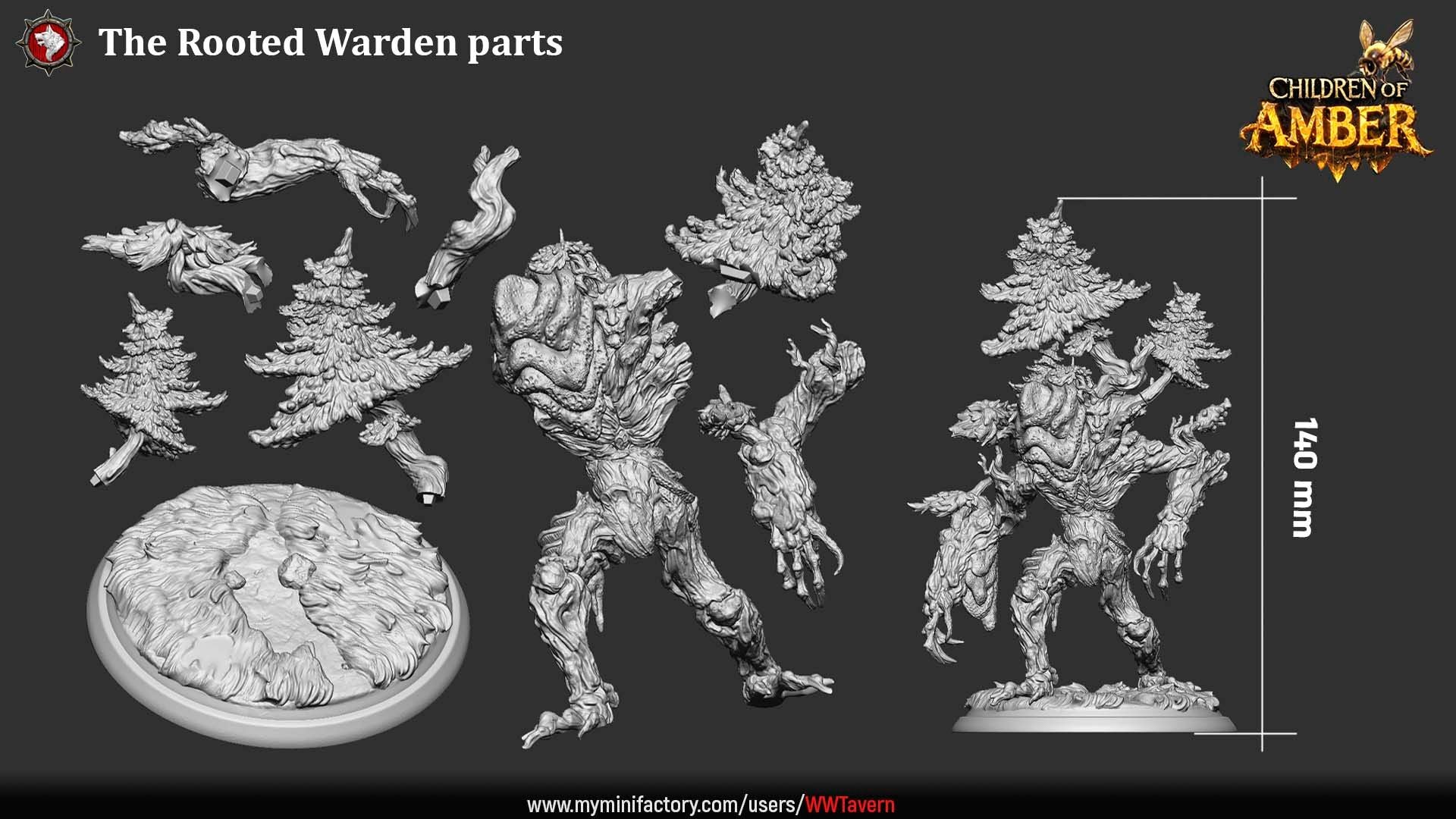 Render of The Rooted Warden | 32mm Treant Forest Guardian Miniature: Huge treant forest guardian with pine trees on its shoulders and a hanging beehive, from White Werewolf's Children of Amber. 32mm 3D printed resin monster.