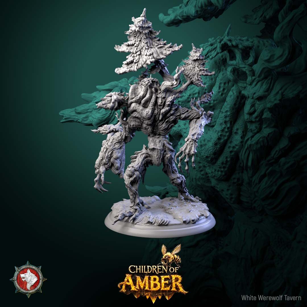 Render of The Rooted Warden | 32mm Treant Forest Guardian Miniature: Huge treant forest guardian with pine trees on its shoulders and a hanging beehive, from White Werewolf's Children of Amber. 32mm 3D printed resin monster.
