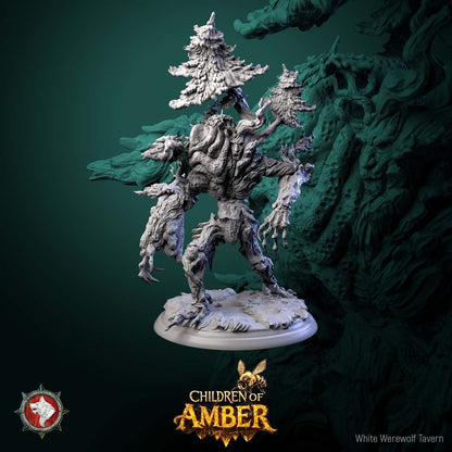 Render of The Rooted Warden | 32mm Treant Forest Guardian Miniature: Huge treant forest guardian with pine trees on its shoulders and a hanging beehive, from White Werewolf's Children of Amber. 32mm 3D printed resin monster.
