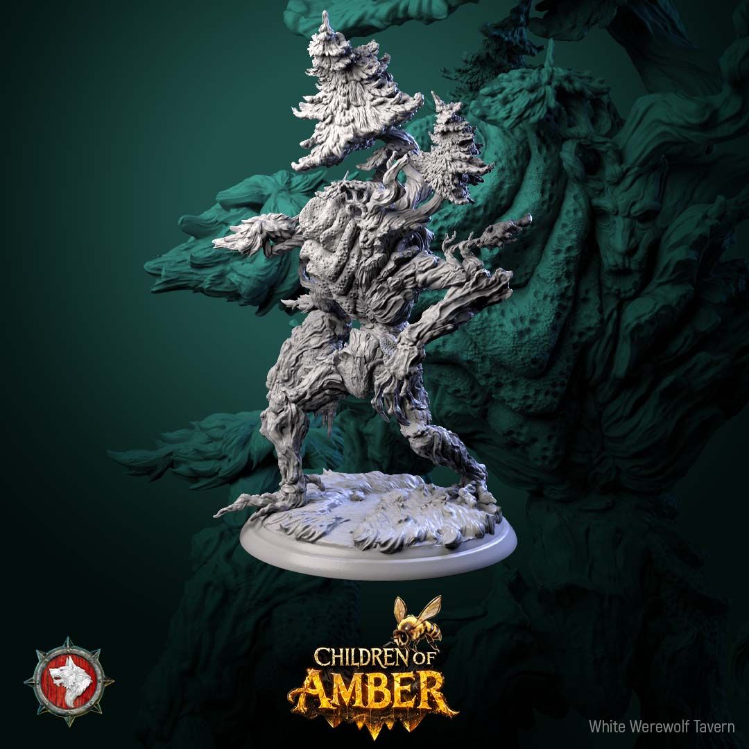 Render of The Rooted Warden | 32mm Treant Forest Guardian Miniature: Huge treant forest guardian with pine trees on its shoulders and a hanging beehive, from White Werewolf's Children of Amber. 32mm 3D printed resin monster.