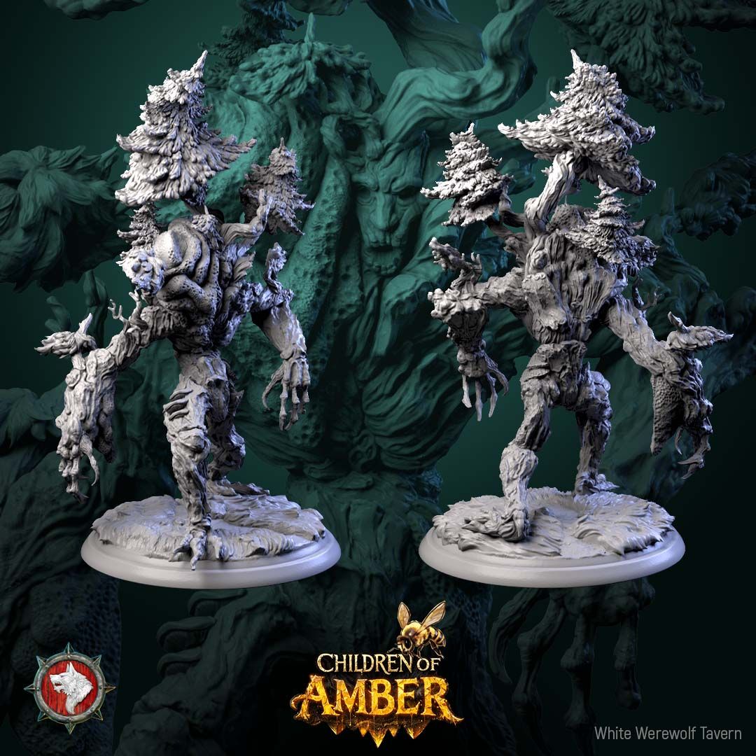 Render of The Rooted Warden | 32mm Treant Forest Guardian Miniature: Huge treant forest guardian with pine trees on its shoulders and a hanging beehive, from White Werewolf's Children of Amber. 32mm 3D printed resin monster.