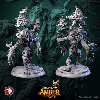 Render of The Rooted Warden | 32mm Treant Forest Guardian Miniature: Huge treant forest guardian with pine trees on its shoulders and a hanging beehive, from White Werewolf's Children of Amber. 32mm 3D printed resin monster.