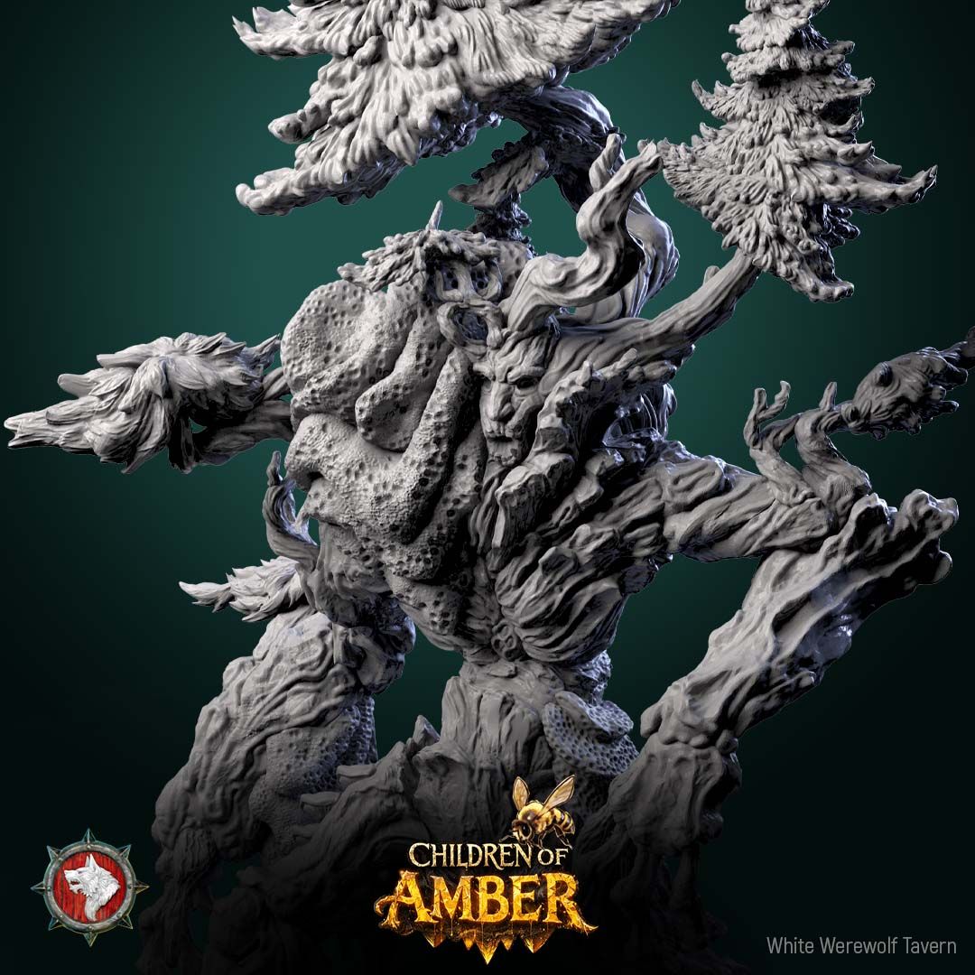 Render of The Rooted Warden | 32mm Treant Forest Guardian Miniature: Huge treant forest guardian with pine trees on its shoulders and a hanging beehive, from White Werewolf's Children of Amber. 32mm 3D printed resin monster.