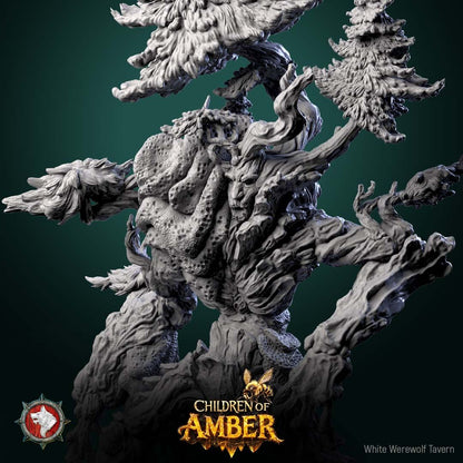 Render of The Rooted Warden | 32mm Treant Forest Guardian Miniature: Huge treant forest guardian with pine trees on its shoulders and a hanging beehive, from White Werewolf's Children of Amber. 32mm 3D printed resin monster.