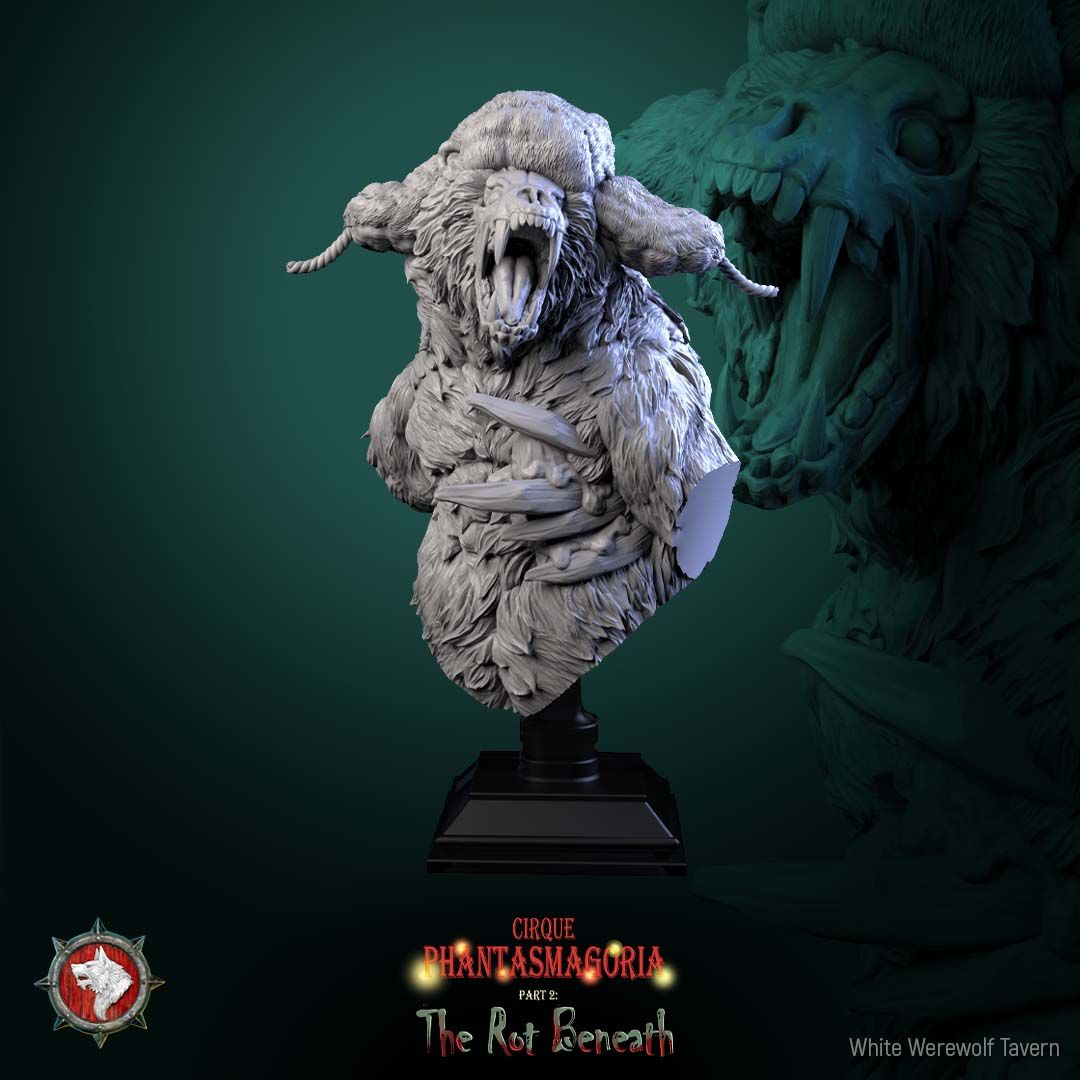 Render of The Rotting Rider Bust | Undead Circus Bear Collector Bust: Stitched undead circus bear bust with torn ruff collar and snarling maw, from White Werewolf's The Rot Beneath. 3D printed resin collector bust.