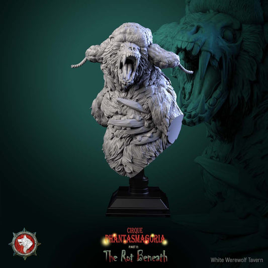 Render of The Rotting Rider Bust | Undead Circus Bear Collector Bust: Stitched undead circus bear bust with torn ruff collar and snarling maw, from White Werewolf's The Rot Beneath. 3D printed resin collector bust.