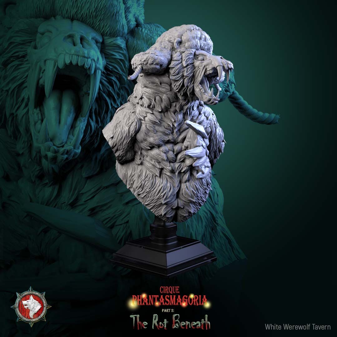 Render of The Rotting Rider Bust | Undead Circus Bear Collector Bust: Stitched undead circus bear bust with torn ruff collar and snarling maw, from White Werewolf's The Rot Beneath. 3D printed resin collector bust.