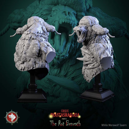 Render of The Rotting Rider Bust | Undead Circus Bear Collector Bust: Stitched undead circus bear bust with torn ruff collar and snarling maw, from White Werewolf's The Rot Beneath. 3D printed resin collector bust.
