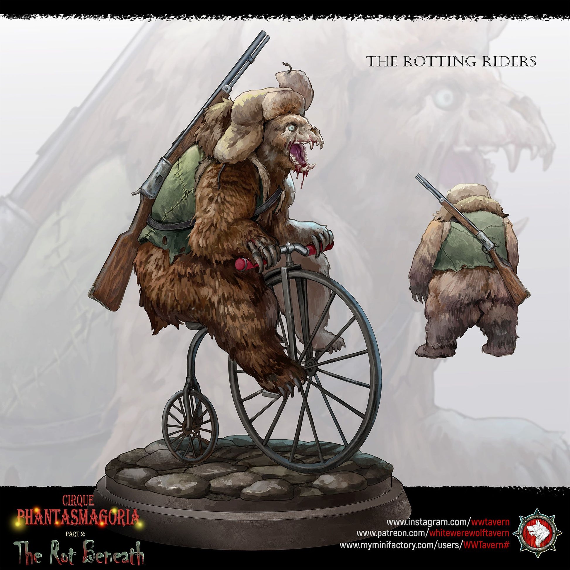 Render of The Rotting Riders | 32mm Undead Circus Bear Miniatures: Six patchwork undead circus bears on unicycles and carnival props, from White Werewolf's The Rot Beneath. 32mm 3D printed resin, single or full set.