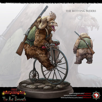 Render of The Rotting Riders | 32mm Undead Circus Bear Miniatures: Six patchwork undead circus bears on unicycles and carnival props, from White Werewolf's The Rot Beneath. 32mm 3D printed resin, single or full set.