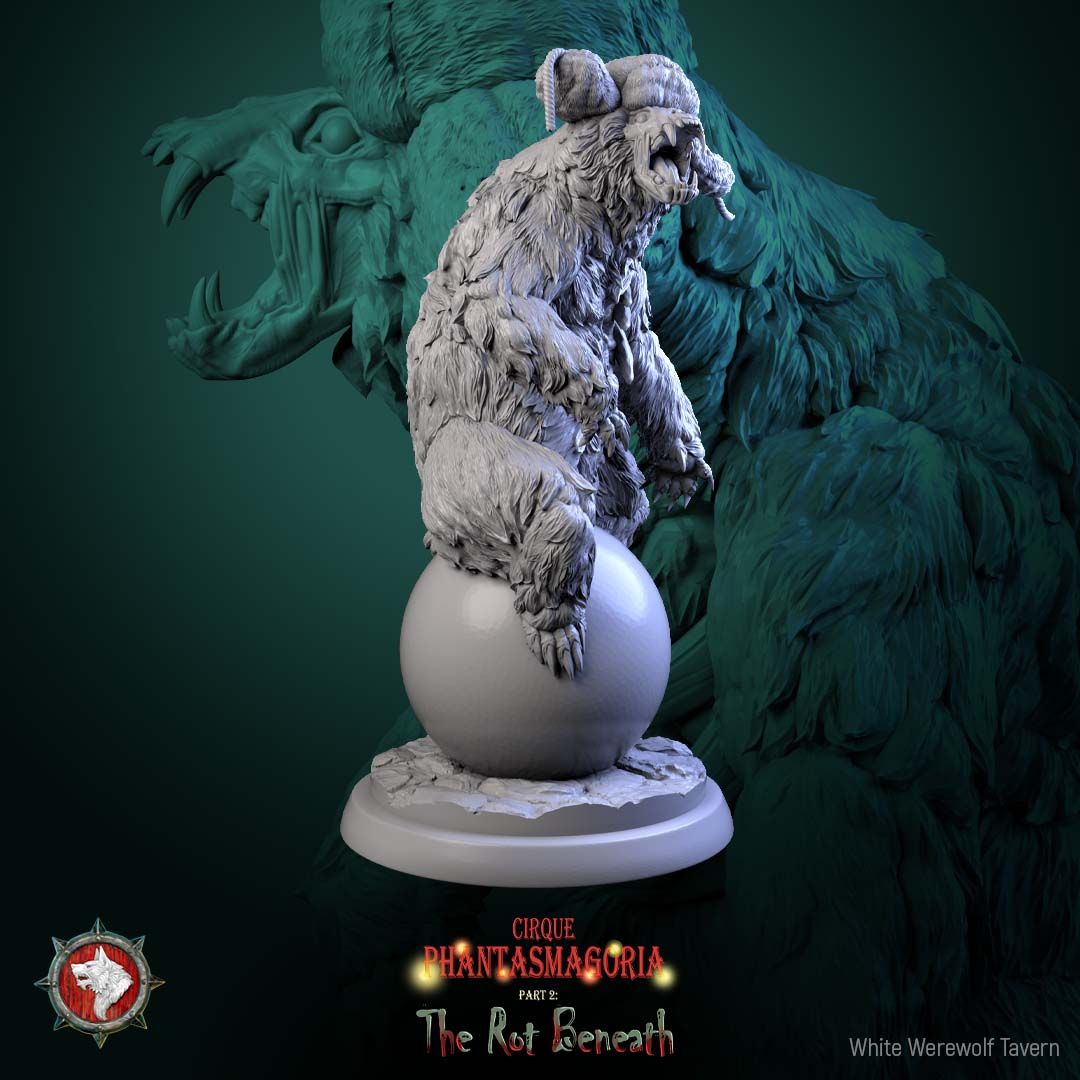 Render of The Rotting Riders | 32mm Undead Circus Bear Miniatures: Six patchwork undead circus bears on unicycles and carnival props, from White Werewolf's The Rot Beneath. 32mm 3D printed resin, single or full set.