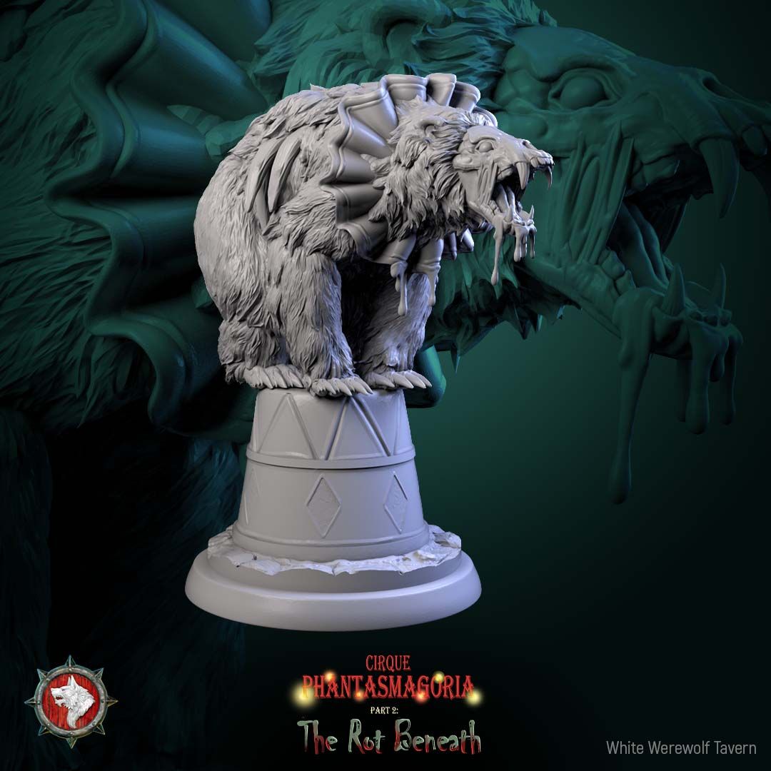 Render of The Rotting Riders | 32mm Undead Circus Bear Miniatures: Six patchwork undead circus bears on unicycles and carnival props, from White Werewolf's The Rot Beneath. 32mm 3D printed resin, single or full set.