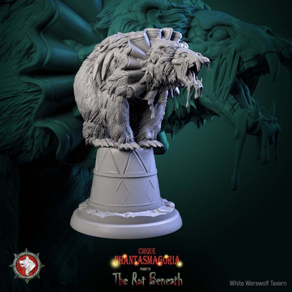 Render of The Rotting Riders | 32mm Undead Circus Bear Miniatures: Six patchwork undead circus bears on unicycles and carnival props, from White Werewolf's The Rot Beneath. 32mm 3D printed resin, single or full set.
