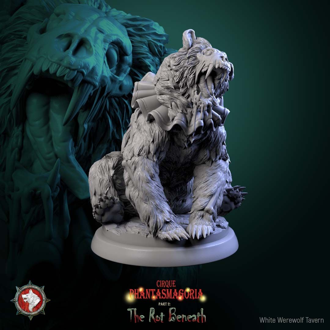 Render of The Rotting Riders | 32mm Undead Circus Bear Miniatures: Six patchwork undead circus bears on unicycles and carnival props, from White Werewolf's The Rot Beneath. 32mm 3D printed resin, single or full set.