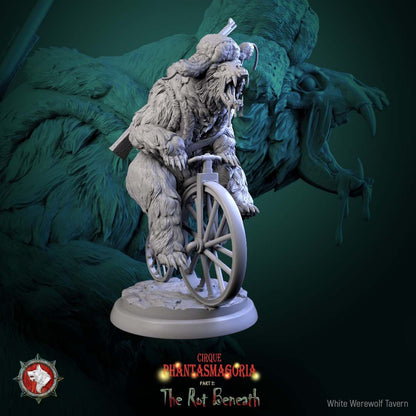 Render of The Rotting Riders | 32mm Undead Circus Bear Miniatures: Six patchwork undead circus bears on unicycles and carnival props, from White Werewolf's The Rot Beneath. 32mm 3D printed resin, single or full set.