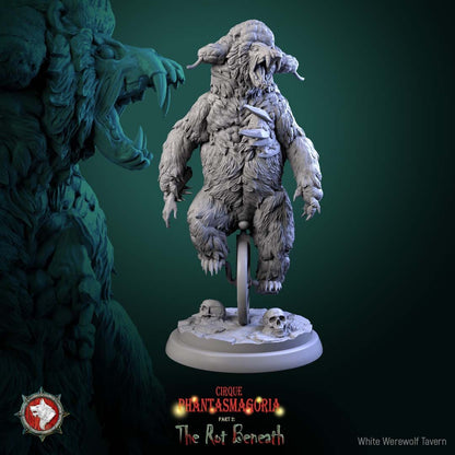 Render of The Rotting Riders | 32mm Undead Circus Bear Miniatures: Six patchwork undead circus bears on unicycles and carnival props, from White Werewolf's The Rot Beneath. 32mm 3D printed resin, single or full set.