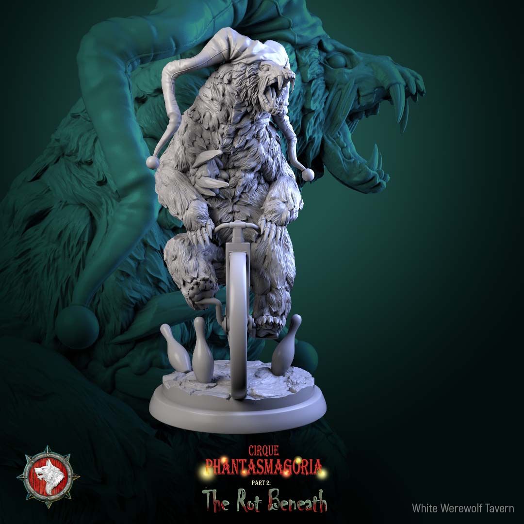 Render of The Rotting Riders | 32mm Undead Circus Bear Miniatures: Six patchwork undead circus bears on unicycles and carnival props, from White Werewolf's The Rot Beneath. 32mm 3D printed resin, single or full set.