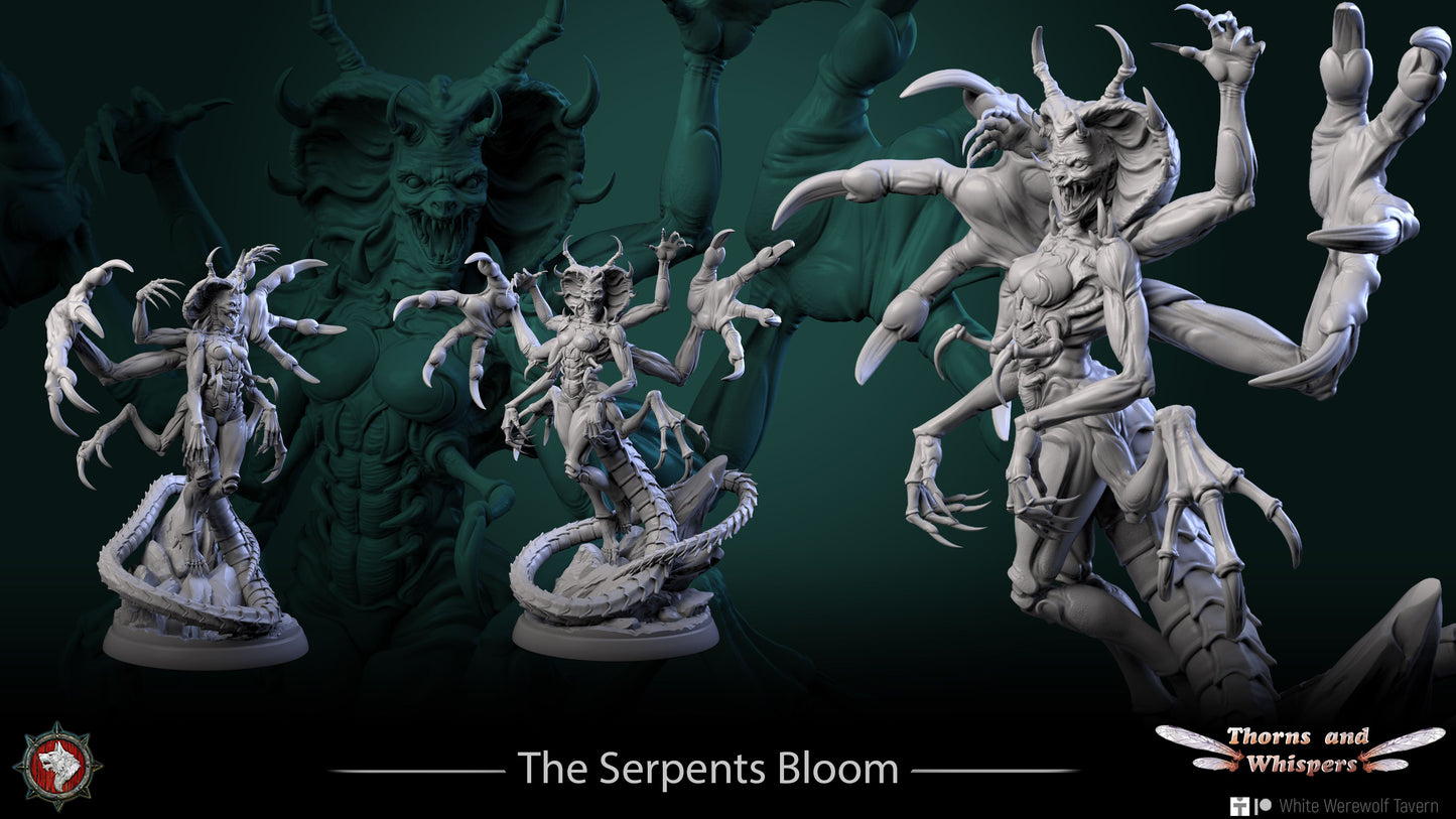 The Serpent's Bloom title render with full figure and close-up detail views