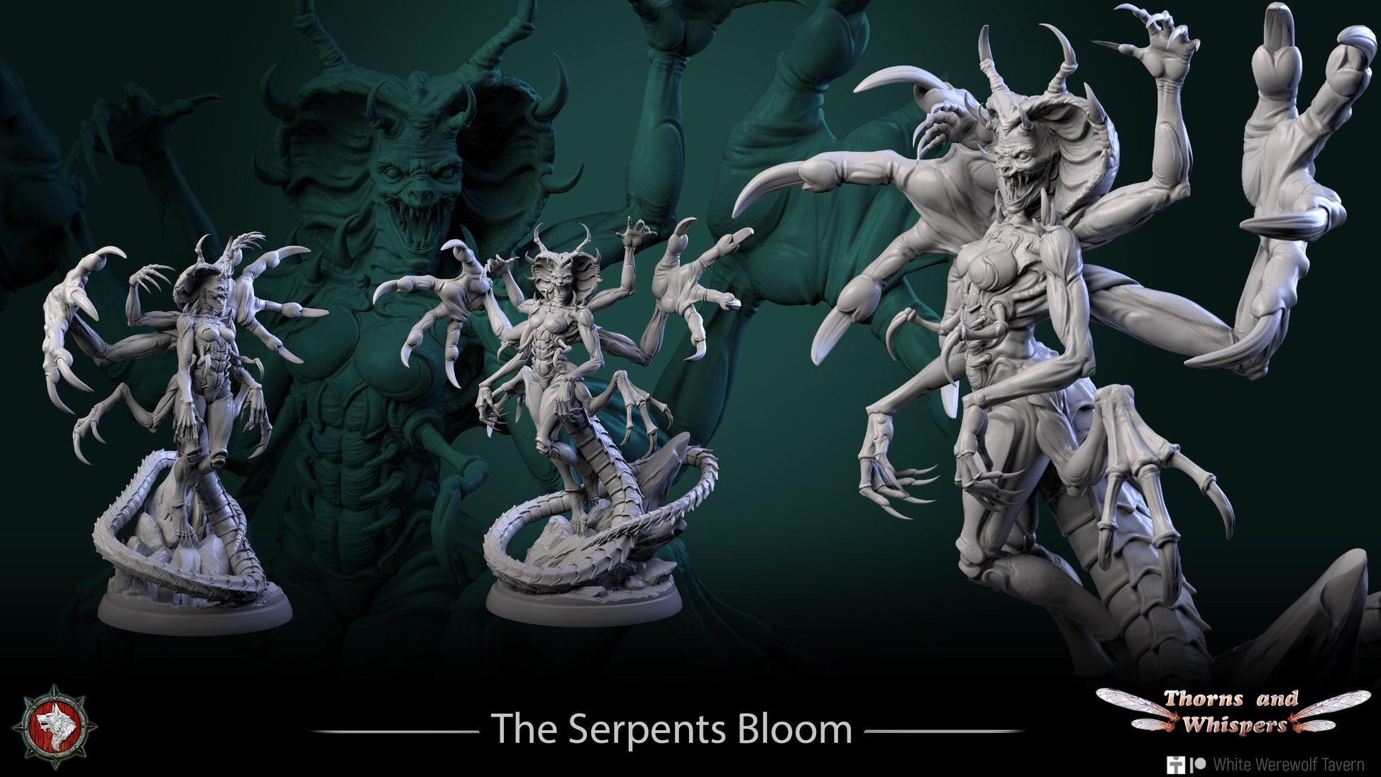 The Serpent's Bloom title render with full figure and close-up detail views