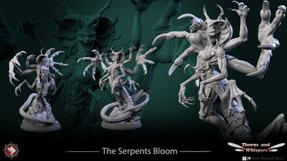 The Serpent's Bloom title render with full figure and close-up detail views