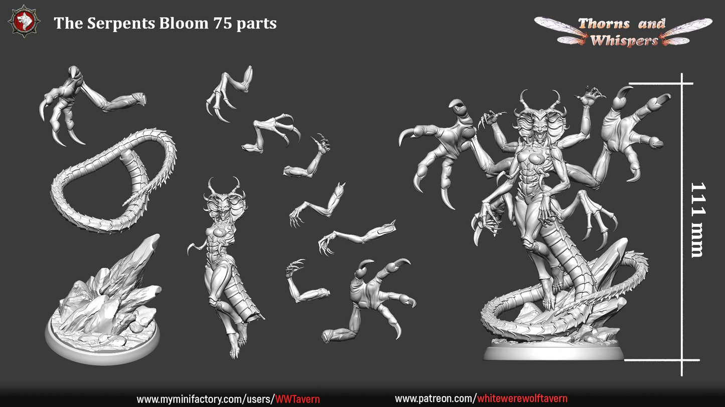 The Serpent's Bloom 75mm parts sheet, 111mm assembled height with separate arms, tail and rock base