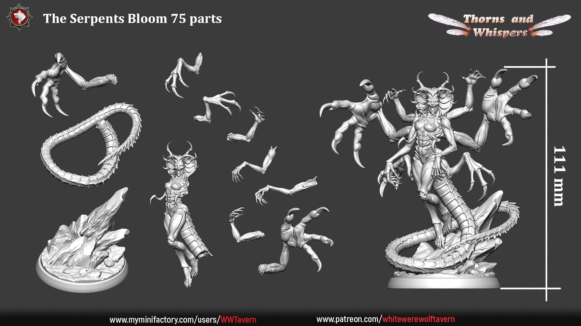 The Serpent's Bloom 75mm parts sheet, 111mm assembled height with separate arms, tail and rock base