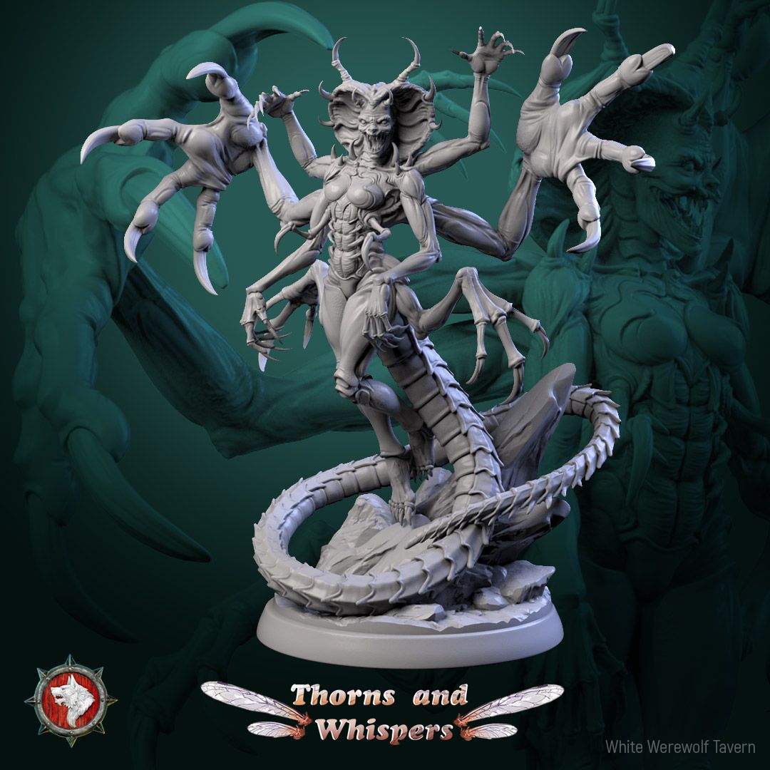 The Serpent's Bloom miniature, front view, six-armed fey demon with clawed limbs and coiled centipede tail