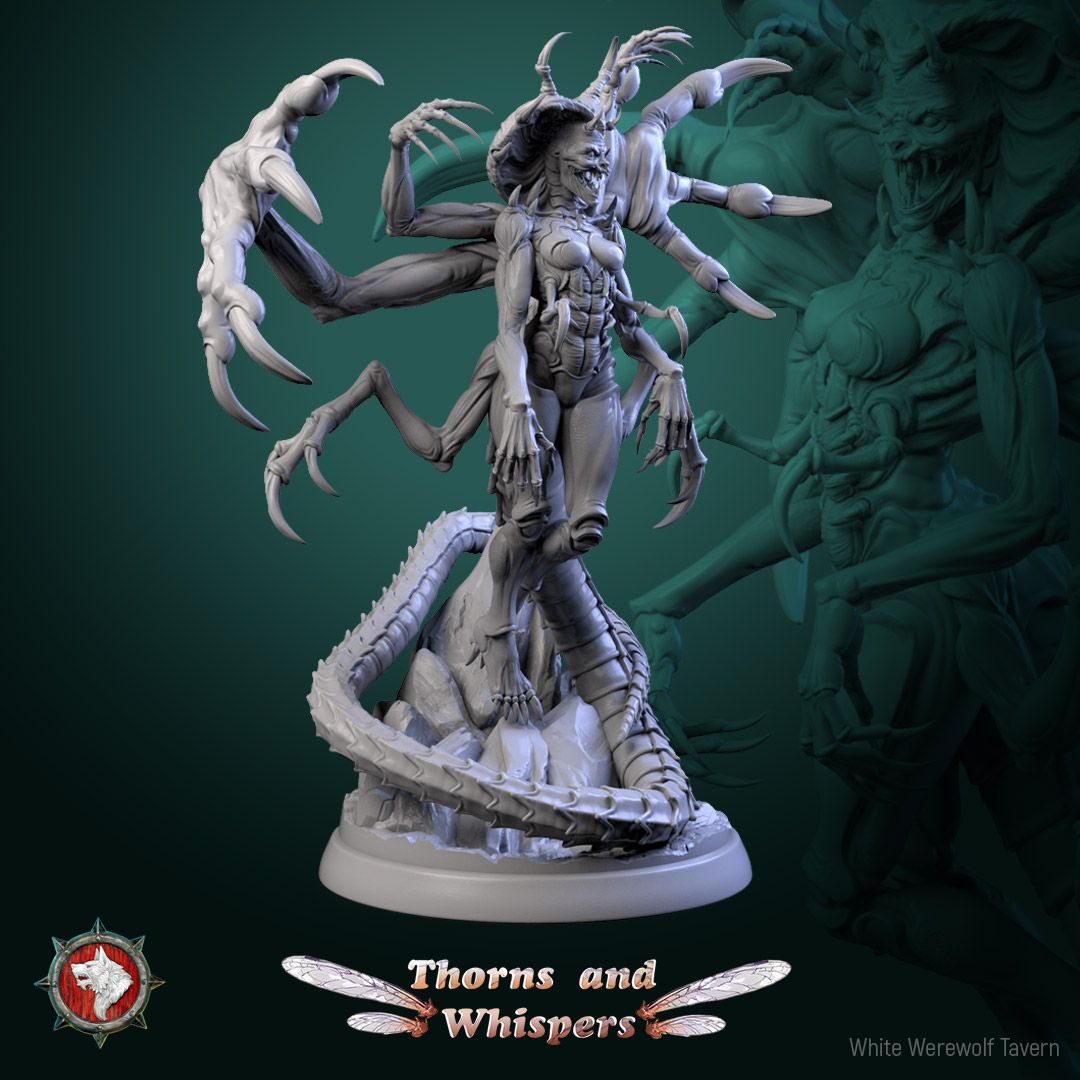 The Serpent's Bloom miniature, side view with scythe claws raised over the crystal base