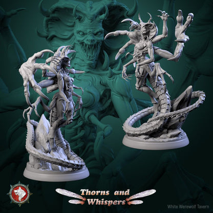 The Serpent's Bloom miniature, two three-quarter views showing the segmented tail and clawed arms