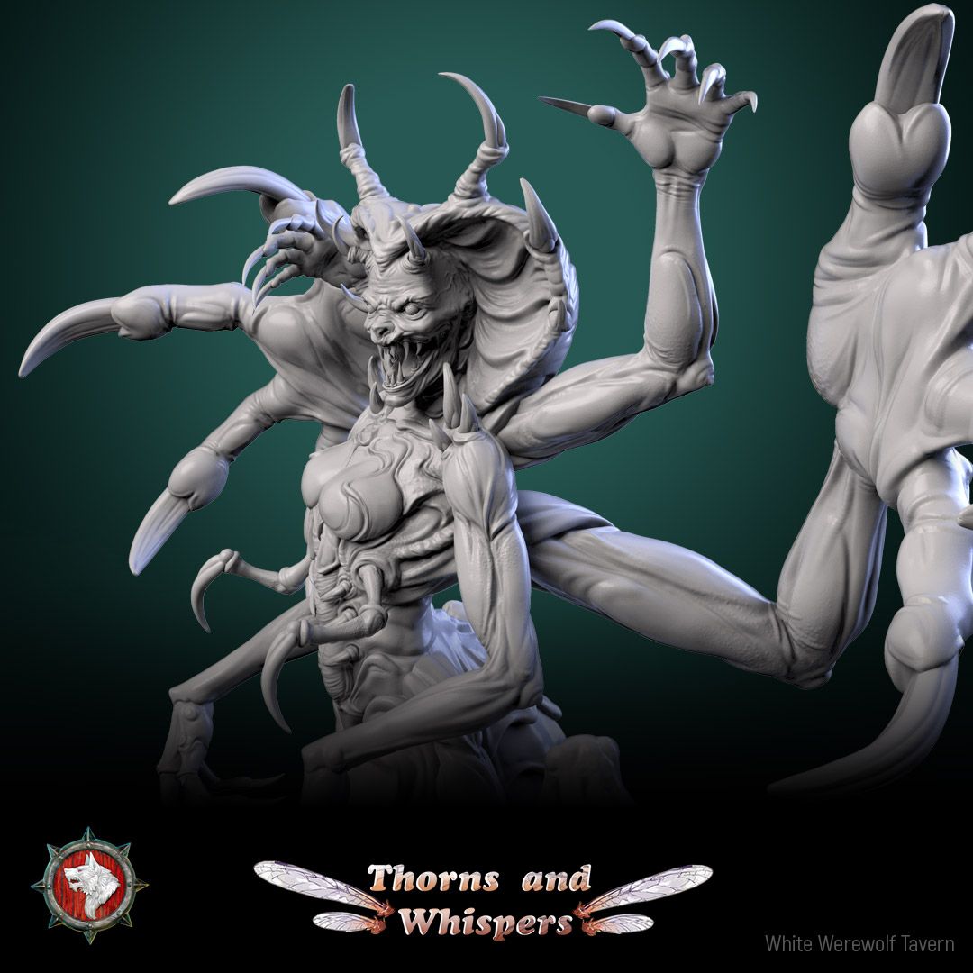 The Serpent's Bloom close-up render, horned head with fanged maw and hooked claws