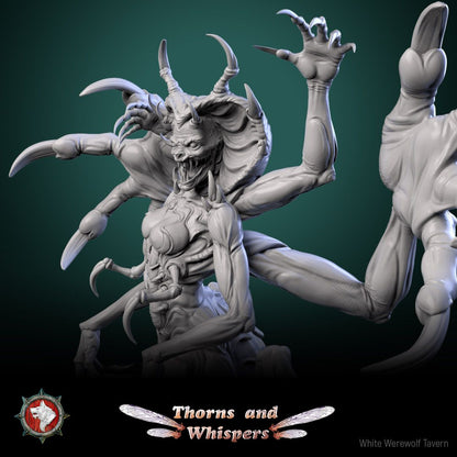 The Serpent's Bloom close-up render, horned head with fanged maw and hooked claws