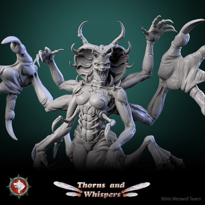 The Serpent's Bloom close-up render, front of the horned six-armed demon torso