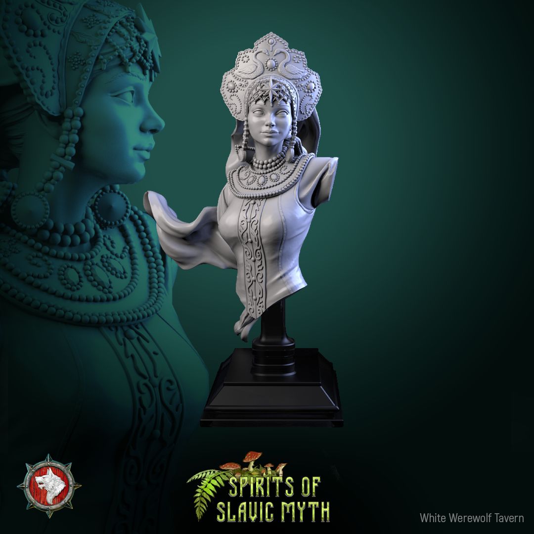 Render of The Swan Princess Bust | Slavic Folklore Collector Bust: Swan princess bust in kokoshnik crown with bead collars and veil, from White Werewolf's Spirits of Slavic Myth. 3D printed resin collector bust.