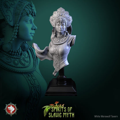 Render of The Swan Princess Bust | Slavic Folklore Collector Bust: Swan princess bust in kokoshnik crown with bead collars and veil, from White Werewolf's Spirits of Slavic Myth. 3D printed resin collector bust.