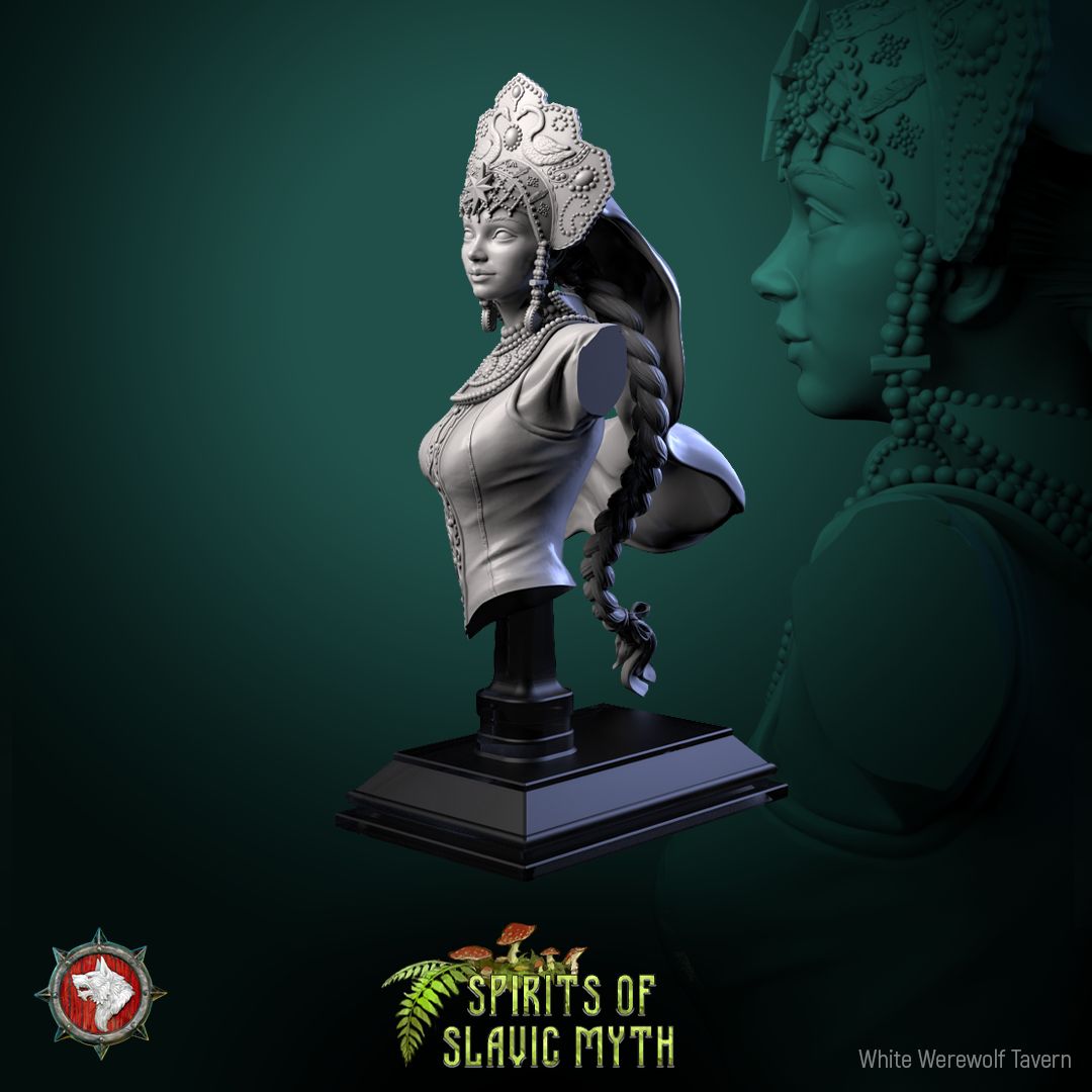 Render of The Swan Princess Bust | Slavic Folklore Collector Bust: Swan princess bust in kokoshnik crown with bead collars and veil, from White Werewolf's Spirits of Slavic Myth. 3D printed resin collector bust.