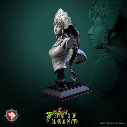 Render of The Swan Princess Bust | Slavic Folklore Collector Bust: Swan princess bust in kokoshnik crown with bead collars and veil, from White Werewolf's Spirits of Slavic Myth. 3D printed resin collector bust.