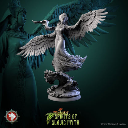 Render of The Swan Princess | 32-75mm Slavic Folklore Miniature: Winged swan maiden in kokoshnik crown and feathered gown over waves, from White Werewolf's Spirits of Slavic Myth. 32-75mm 3D printed resin miniature.