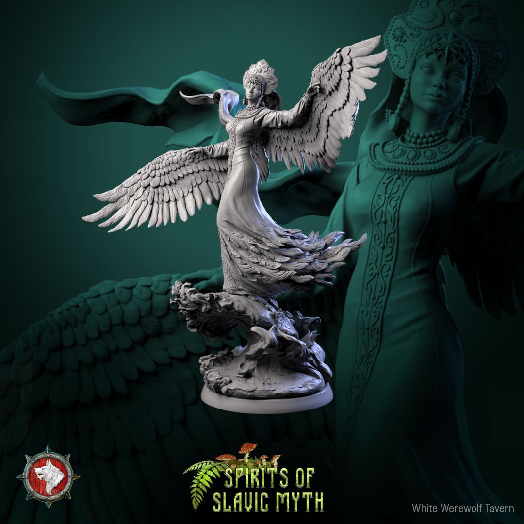 Render of The Swan Princess | 32-75mm Slavic Folklore Miniature: Winged swan maiden in kokoshnik crown and feathered gown over waves, from White Werewolf's Spirits of Slavic Myth. 32-75mm 3D printed resin miniature.
