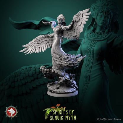 Render of The Swan Princess | 32-75mm Slavic Folklore Miniature: Winged swan maiden in kokoshnik crown and feathered gown over waves, from White Werewolf's Spirits of Slavic Myth. 32-75mm 3D printed resin miniature.